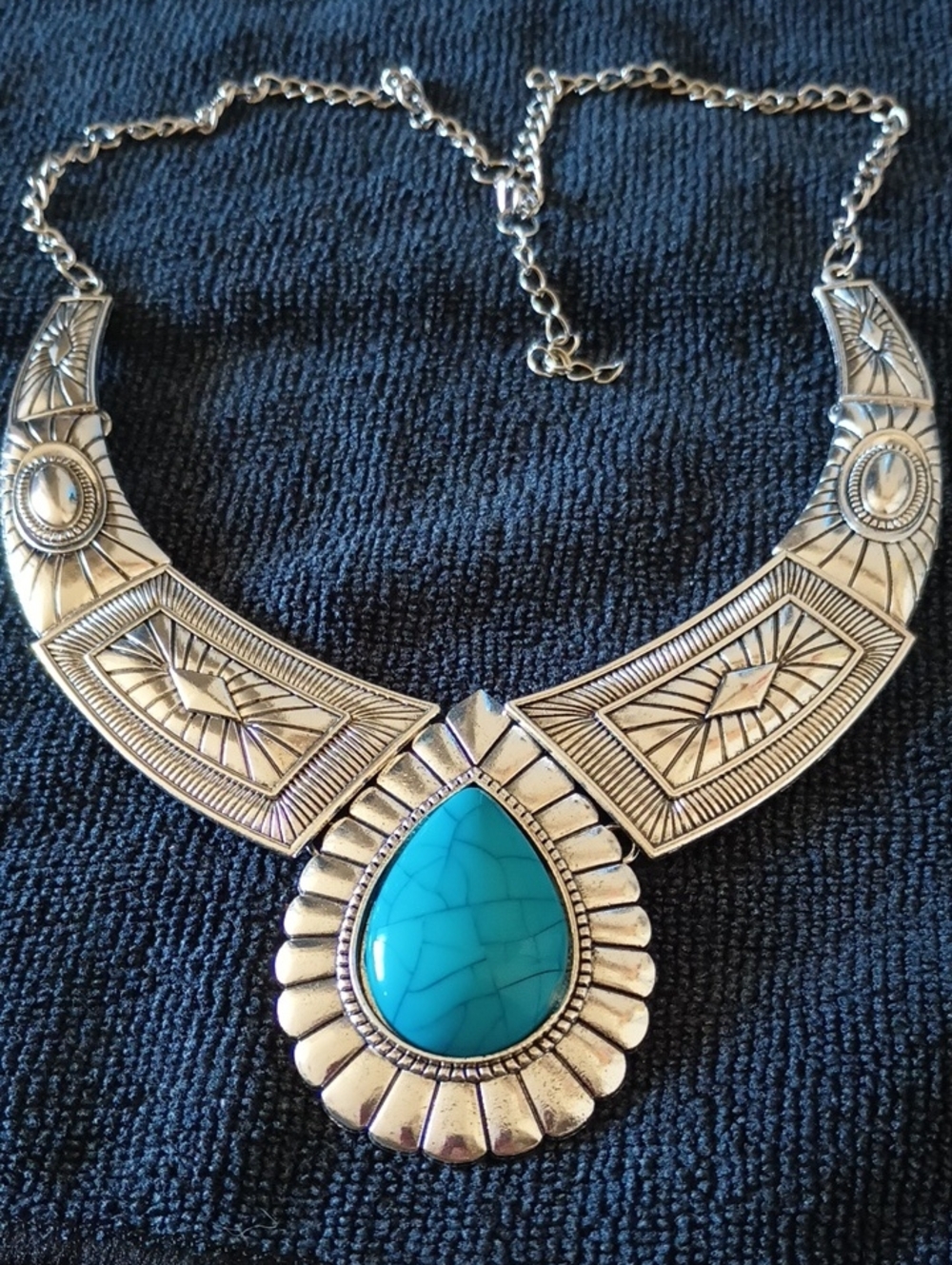 Turquoise Teardrop Statement Necklace - Unbranded Silver Tone